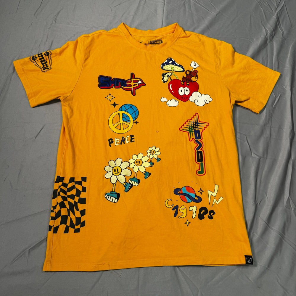 CivilizeD Mens 2XL Yellow Graphic T-Shirt Retro Peace Daisy Streetwear 1970s